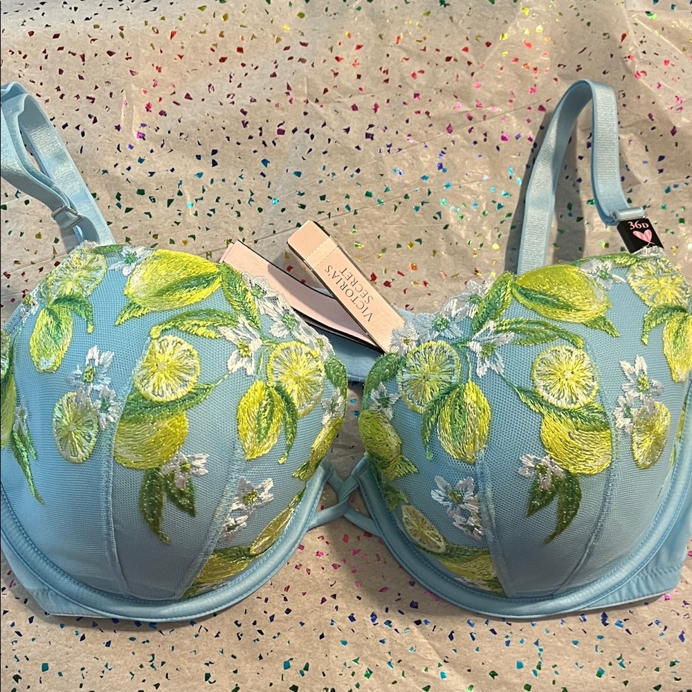 Victoria's Secret Light Blue and Lime Green Embroidered Bra
